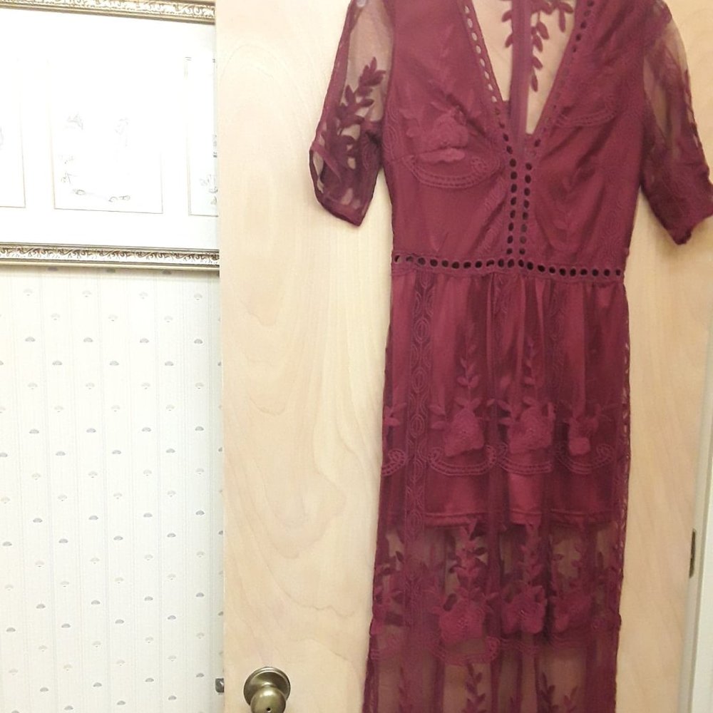 Red Wine Boho Embroidered Lace Romper Maxi Dress